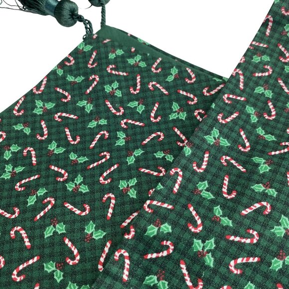 Christmas Table Runner Candy Cane Holly Print Tassels Reversible 70 In - Picture 2 of 7
